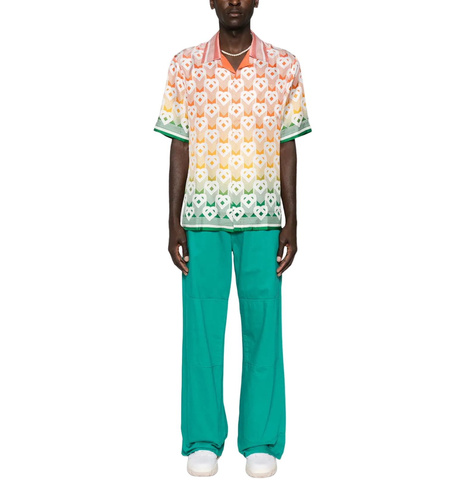 Casablanca Gradient Monogram Resort Shirt – Sunset to Jade, Silk-Satin, Cuban Collar
חולצת ריזורט קסבלנקה מונוגרם גרדיאנט – שקיעה לירקן, סאטן משי, צווארון קובני