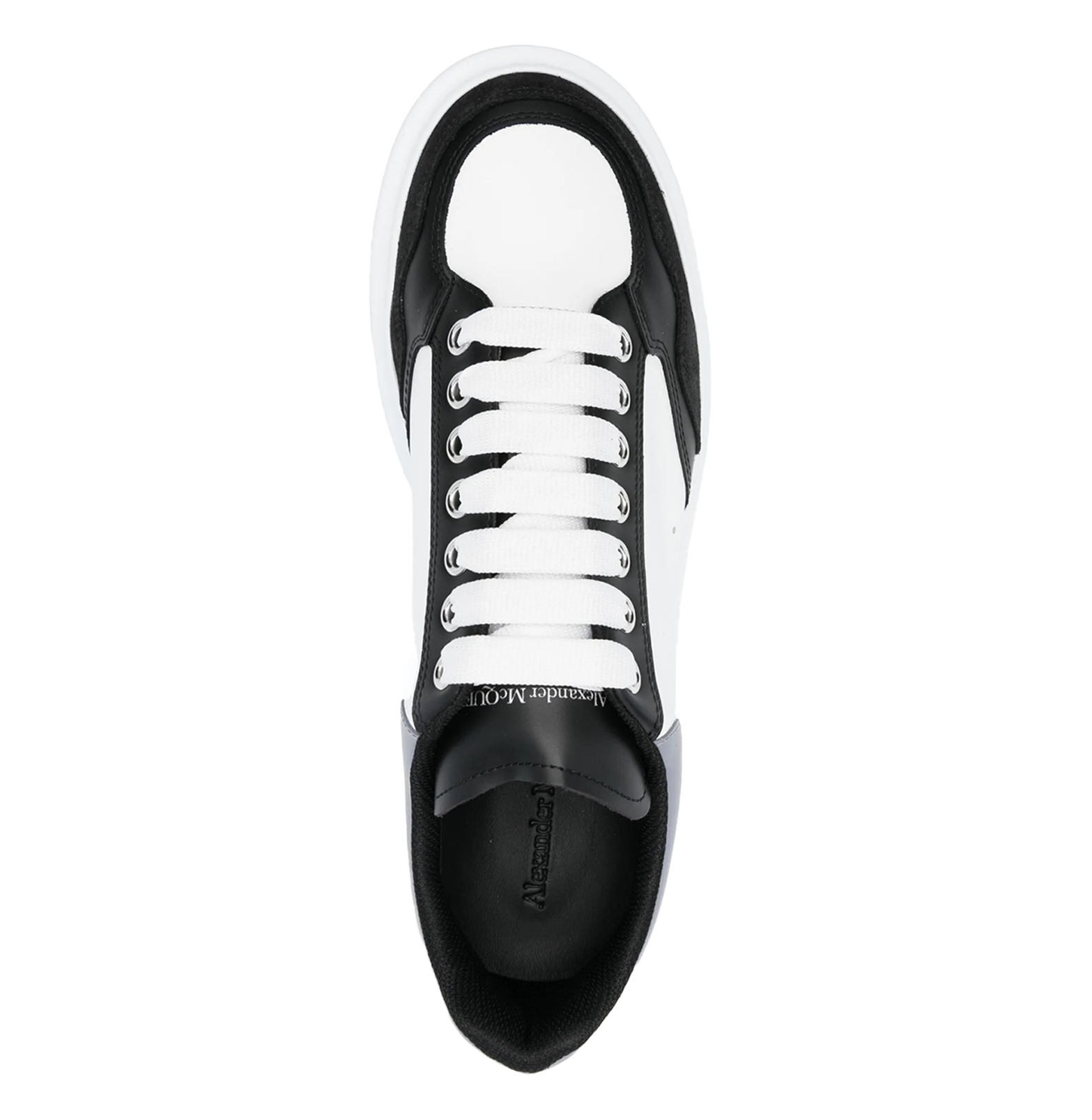 Alexander McQueen Oversized Leather & Suede Sneakers – Black/White with Grey Heel (Unisex)
סניקרס עור וזמש אלכסנדר מקווין אוברסייז – שחור/לבן עם עקב אפור (יוניסקס)