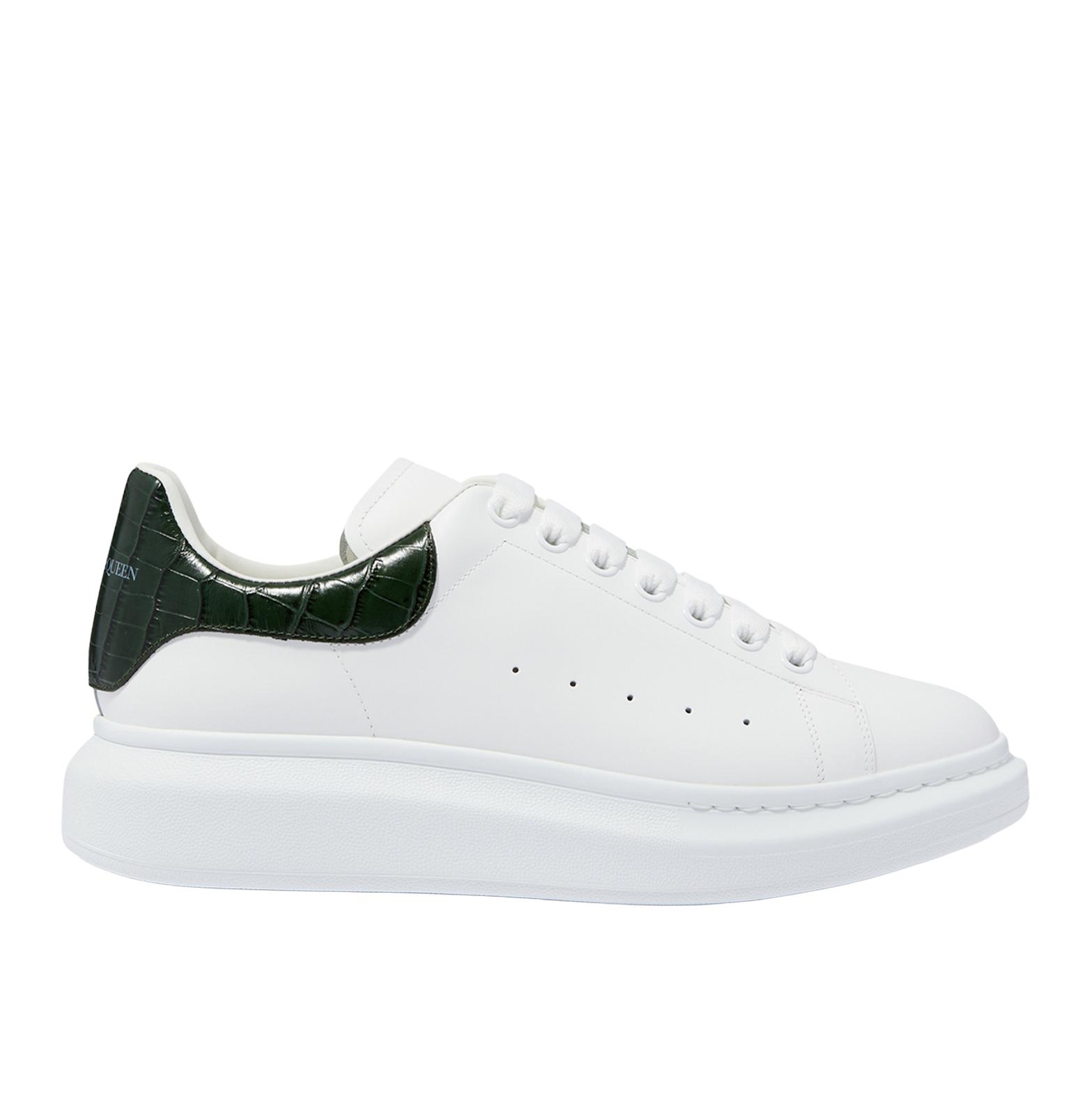 Alexander McQueen Oversized White Leather Sneakers – Dark Green Croc-Embossed Heel (Unisex)
סניקרס עור אלכסנדר מקווין אוברסייז לבן – עקב ירוק בטקסטורת קרוקו (יוניסקס)