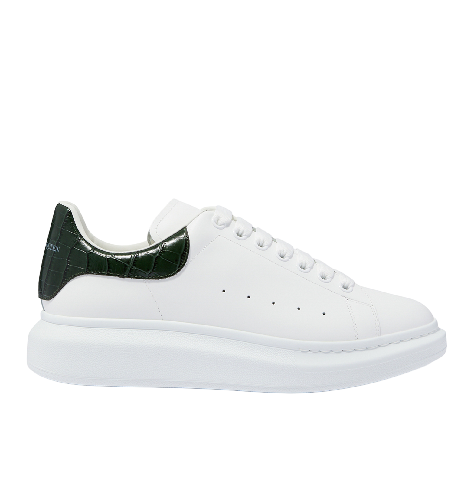Alexander McQueen Oversized White Leather Sneakers – Dark Green Croc-Embossed Heel (Unisex)
סניקרס עור אלכסנדר מקווין אוברסייז לבן – עקב ירוק בטקסטורת קרוקו (יוניסקס)