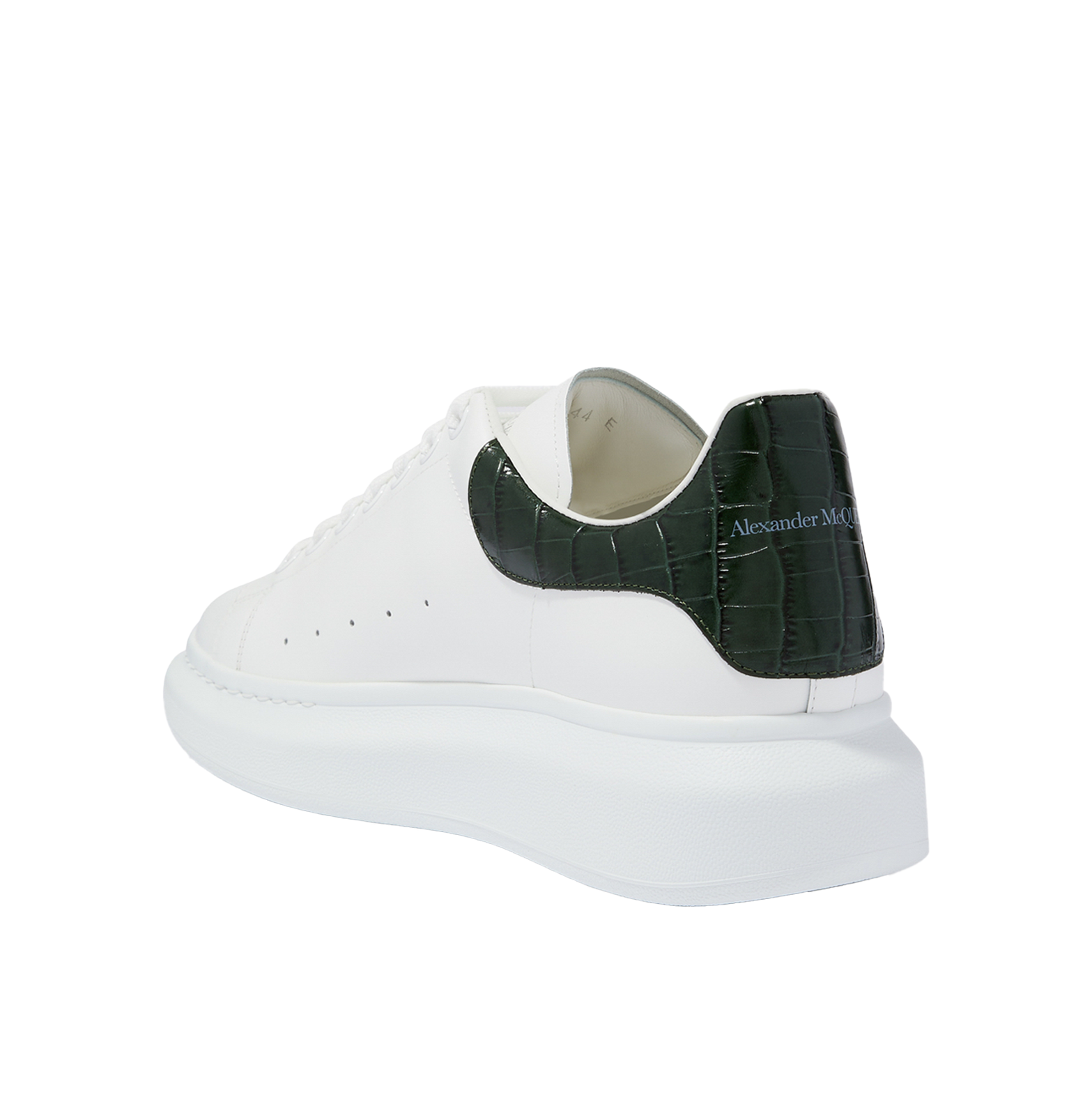 Alexander McQueen Oversized White Leather Sneakers – Dark Green Croc-Embossed Heel (Unisex)
סניקרס עור אלכסנדר מקווין אוברסייז לבן – עקב ירוק בטקסטורת קרוקו (יוניסקס)