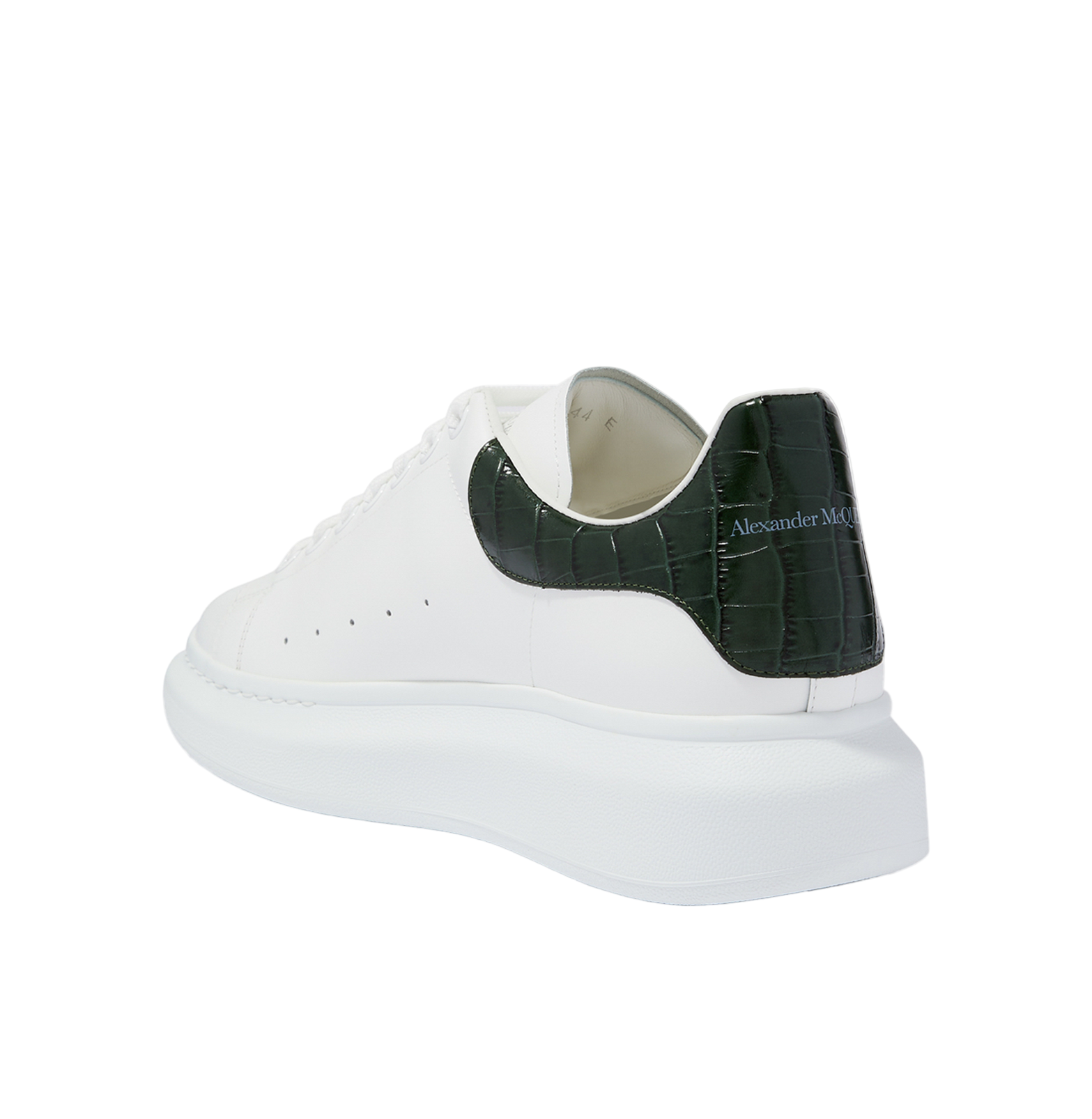 Alexander McQueen Oversized White Leather Sneakers – Dark Green Croc-Embossed Heel (Unisex)
סניקרס עור אלכסנדר מקווין אוברסייז לבן – עקב ירוק בטקסטורת קרוקו (יוניסקס)