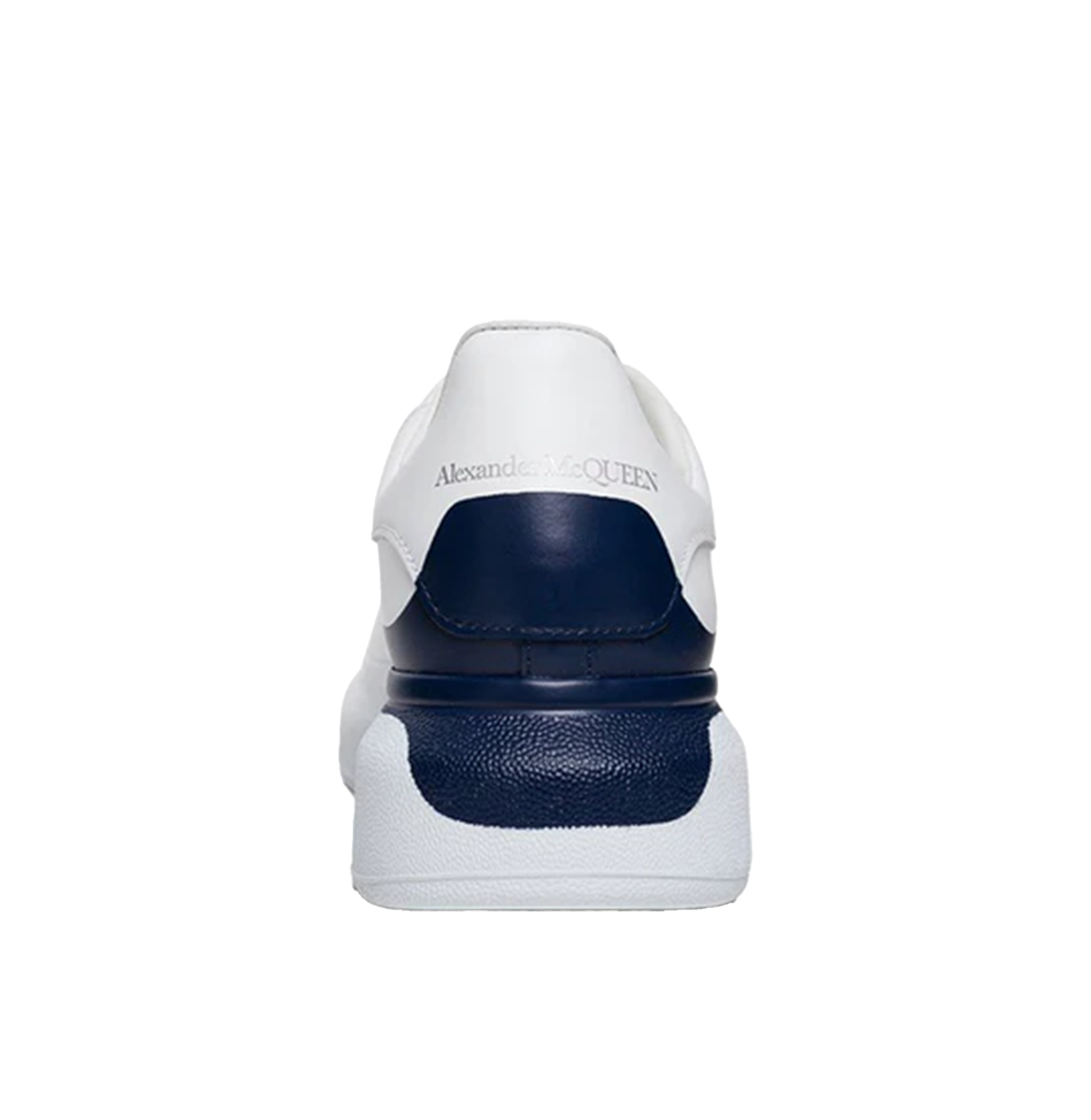 Alexander McQueen Oversized White Leather Sneakers – Navy Heel Wrap, Chunky Sole (Unisex)
סניקרס עור אלכסנדר מקווין אוברסייז לבן – עקב כחול כהה מודגש, סוליה עבה (יוניסקס)