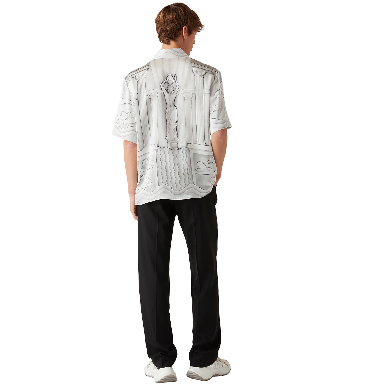 Casablanca Art Deco Tennis Resort Shirt – Monochrome Silk-Satin, Cuban Collar
חולצת ריזורט קסבלנקה טניס אר דקו – מונוכרום, סאטן משי, צווארון קובני