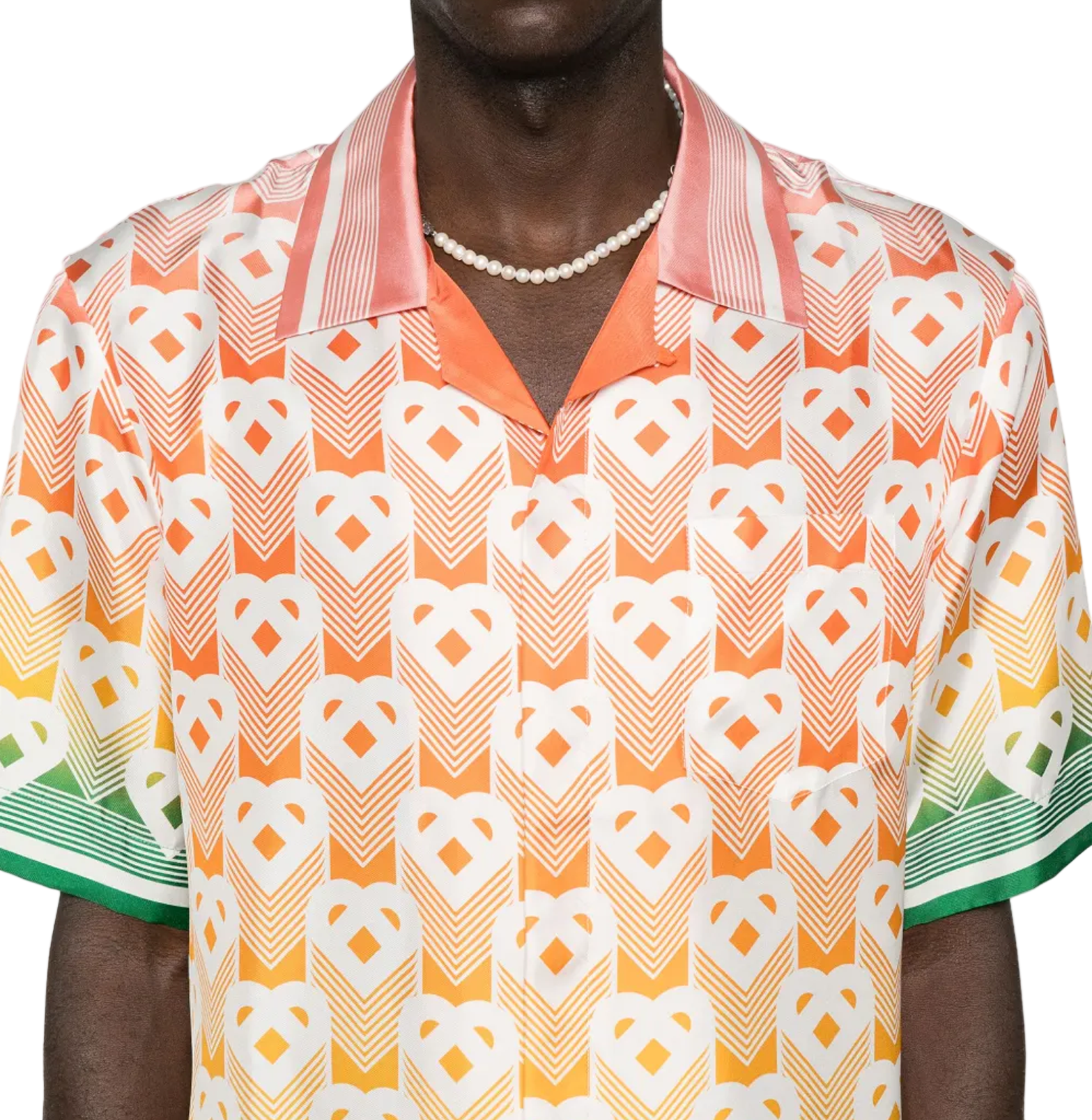 Casablanca Gradient Monogram Resort Shirt – Sunset to Jade, Silk-Satin, Cuban Collar
חולצת ריזורט קסבלנקה מונוגרם גרדיאנט – שקיעה לירקן, סאטן משי, צווארון קובני
