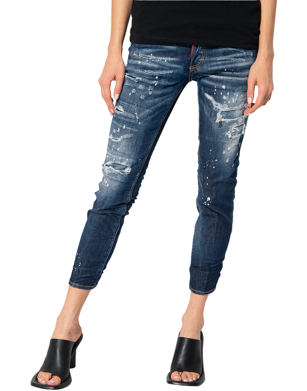 DSQUARED2 Distressed Blue Denim Jeans – Paint-Splatter, Slim Fit
ג׳ינס דיסקוורד2 כחול במראה משופשף – כתמי צבע, גזרה סלים