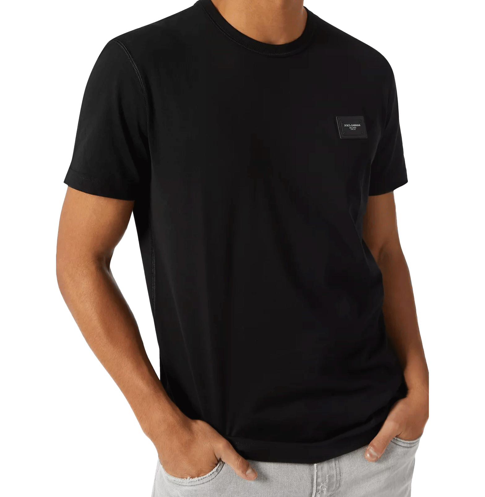 Dolce & Gabbana Black Cotton Logo-Plaque T-Shirt
חולצת כותנה שחורה דולצ׳ה וגבאנה – לוחית לוגו בחזה