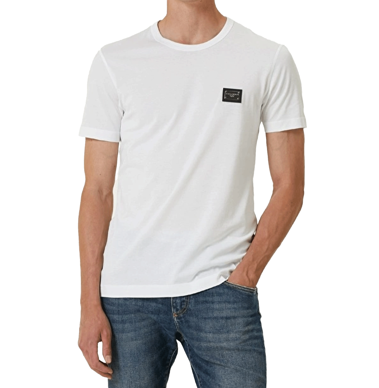 Dolce & Gabbana White Cotton Logo-Plaque T-Shirt
חולצת כותנה לבנה דולצ׳ה וגבאנה – לוחית לוגו בחזה