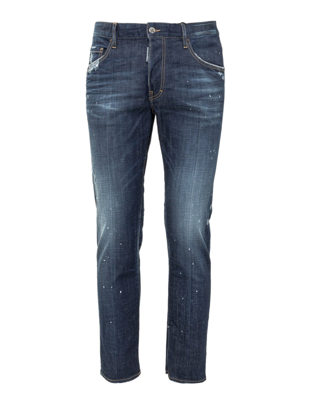 Dsquared2 Medium Indigo Paint-Splatter Jeans – Slim Fit, Stretch Denim
ג׳ינס Dsquared2 אינדיגו בינוני עם כתמי צבע – גזרה צרה, דנים סטרץ׳