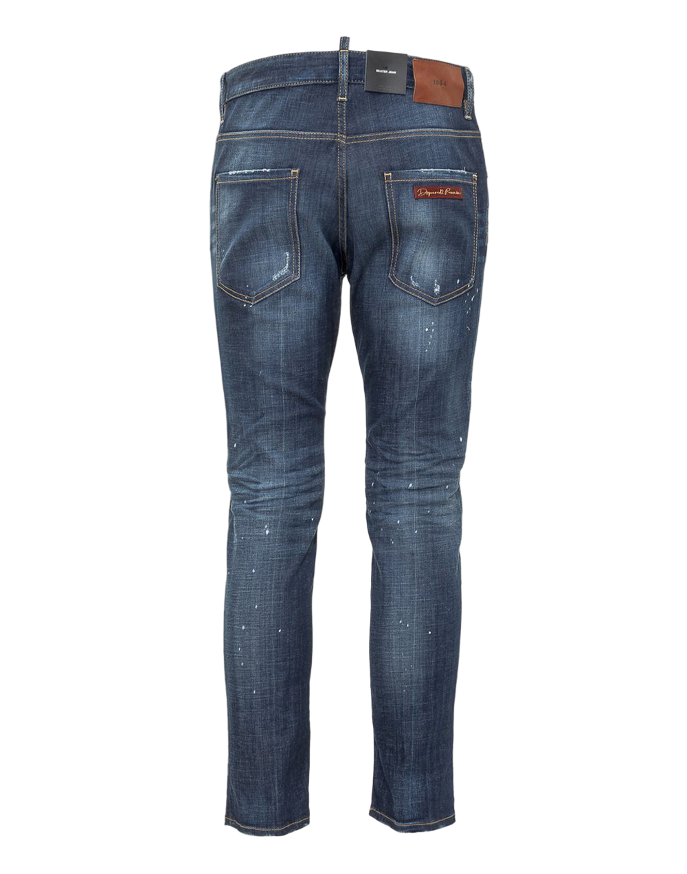 Dsquared2 Medium Indigo Paint-Splatter Jeans – Slim Fit, Stretch Denim
ג׳ינס Dsquared2 אינדיגו בינוני עם כתמי צבע – גזרה צרה, דנים סטרץ׳