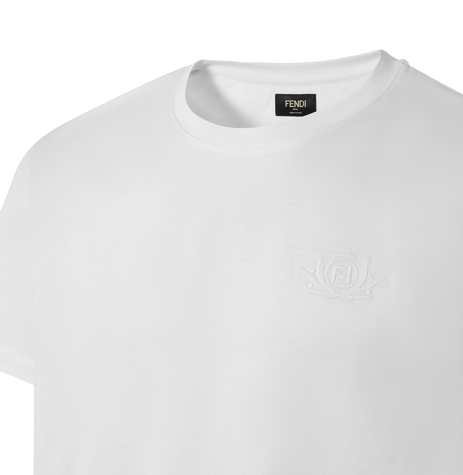 Fendi White Tonal Crest Embroidered T-Shirt – Cotton Jersey
חולצת טי פנדי לבנה – סמלון רקום טון-על-טון, כותנה ג׳רסי