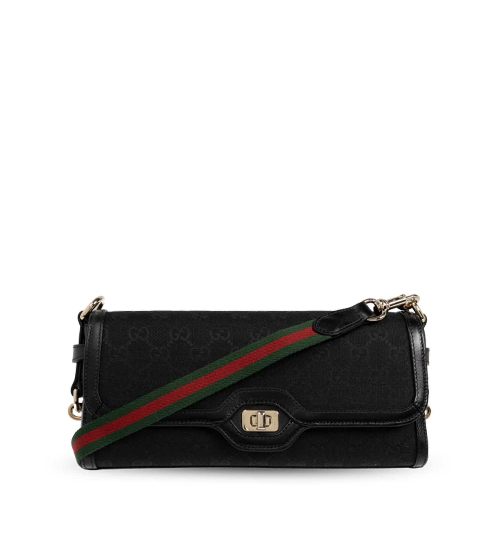 Gucci Black Monogram Canvas Shoulder Bag – Green-Red Web Strap, Gold-Tone Hardware
תיק כתף גוצ׳י מקנבס מונוגרם שחור – רצועה ירוק-אדום ופרזול בגוון זהב