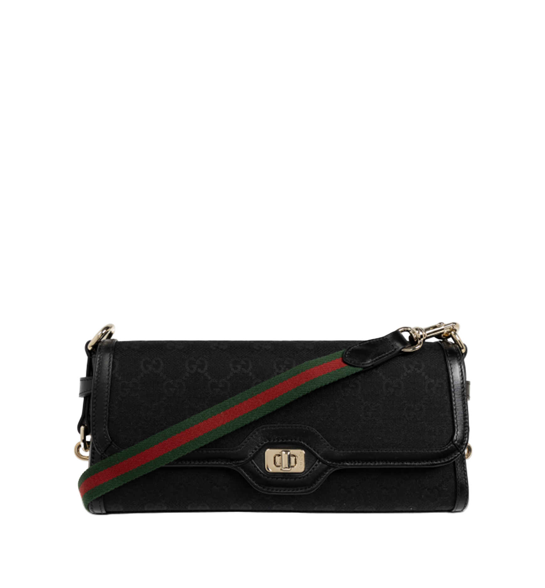 Gucci Black Monogram Canvas Shoulder Bag – Green-Red Web Strap, Gold-Tone Hardware
תיק כתף גוצ׳י מקנבס מונוגרם שחור – רצועה ירוק-אדום ופרזול בגוון זהב