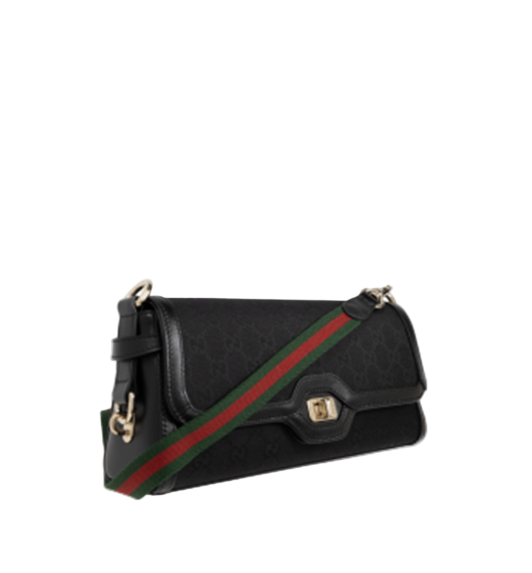 Gucci Black Monogram Canvas Shoulder Bag – Green-Red Web Strap, Gold-Tone Hardware
תיק כתף גוצ׳י מקנבס מונוגרם שחור – רצועה ירוק-אדום ופרזול בגוון זהב
