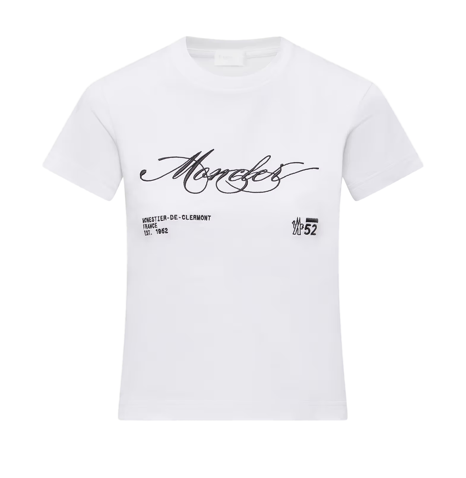 Moncler White Script Logo T-Shirt – Monestier-de-Clermont 1952 Print, Cotton Jersey
חולצת טי מונקלר לבנה – לוגו כתב-יד והדפסת מונסטייה-דה-קלרמון 1952, כותנה ג׳רסי