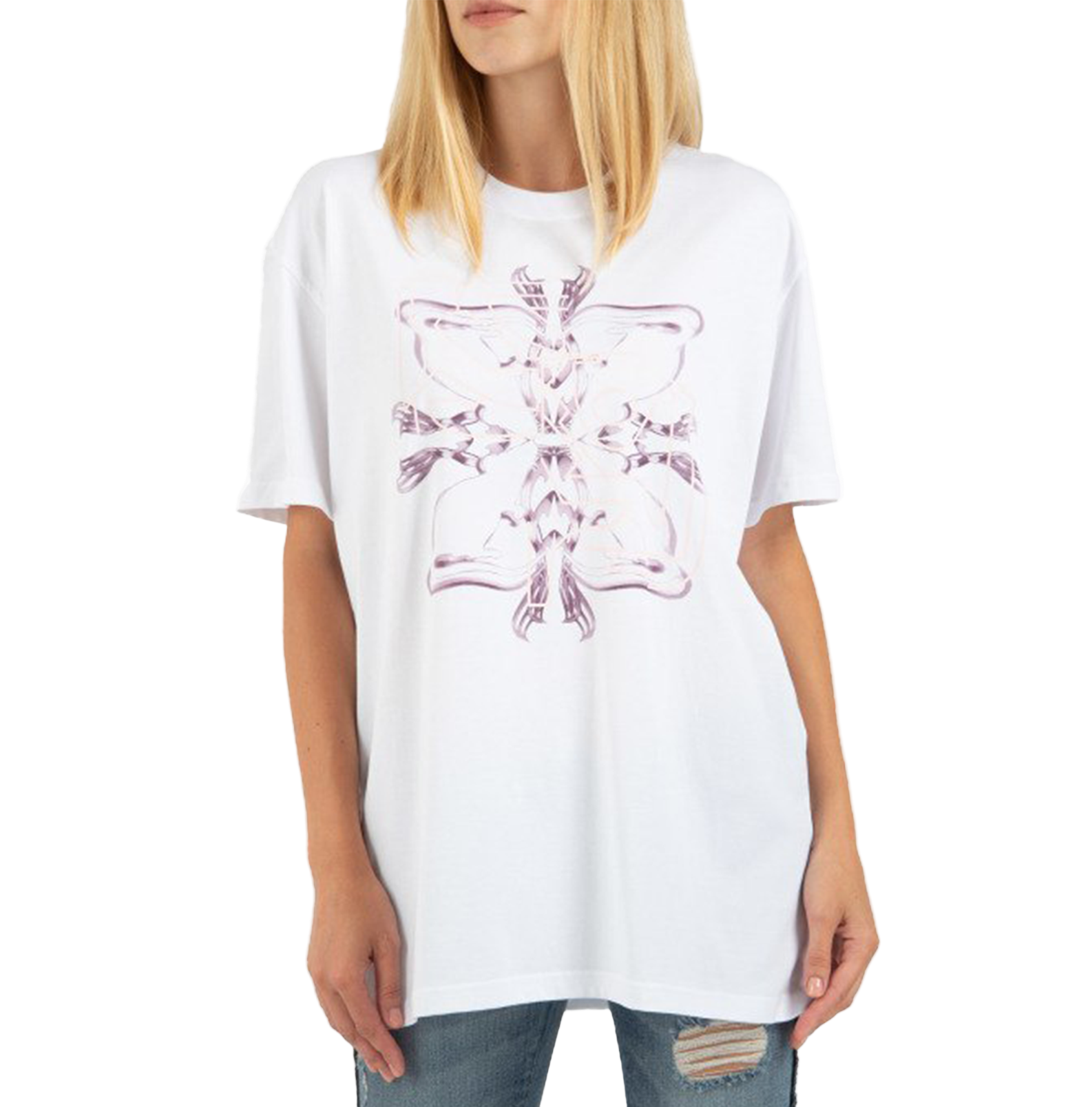 White Oversized Graphic T-Shirt – Purple Abstract Print, Cotton Jersey
חולצת טי לבנה אוברסייז – הדפס אמנותי סגול, כותנה ג׳רסי