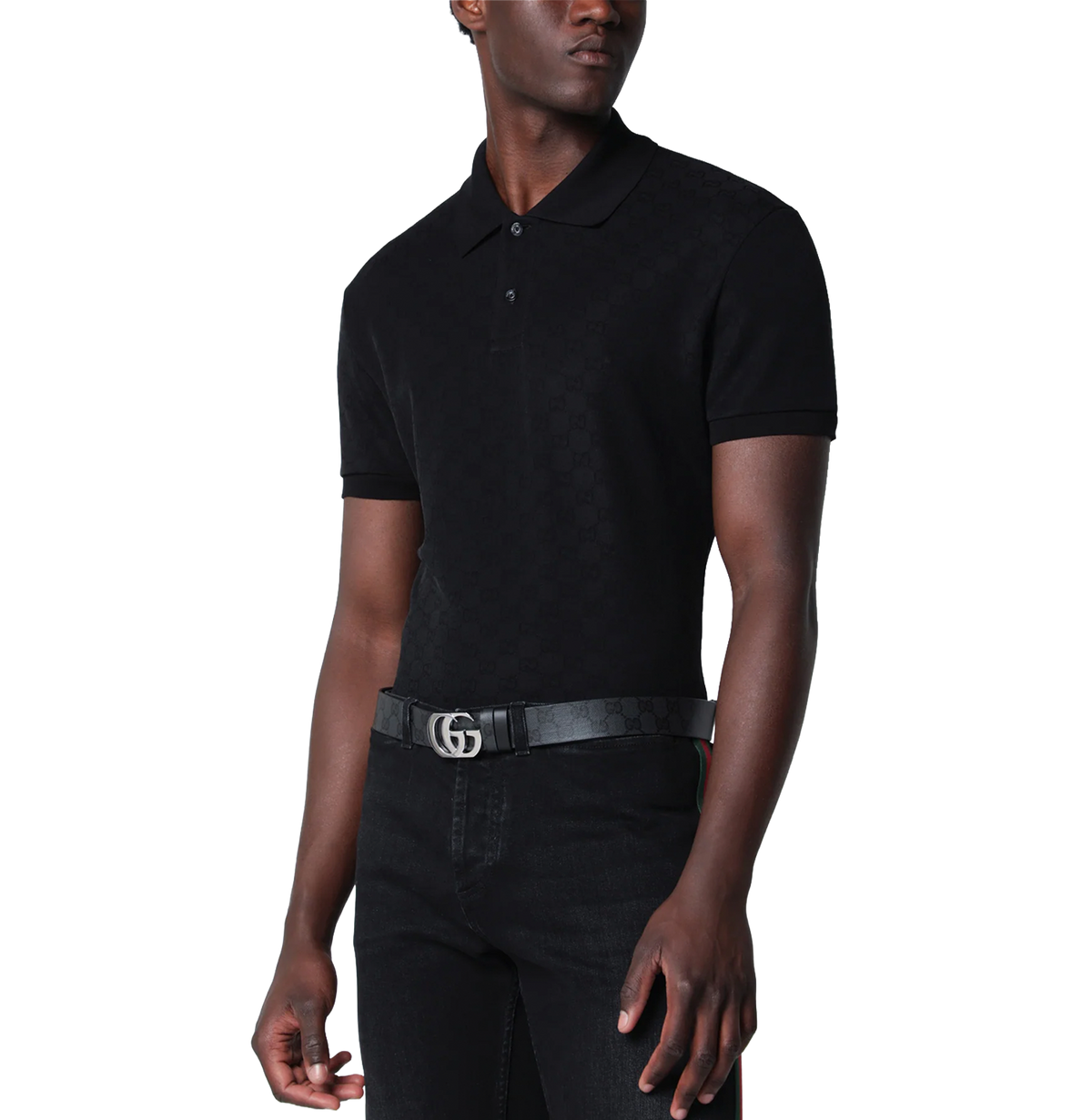 Black GG jacquard technical jersey polo shirt