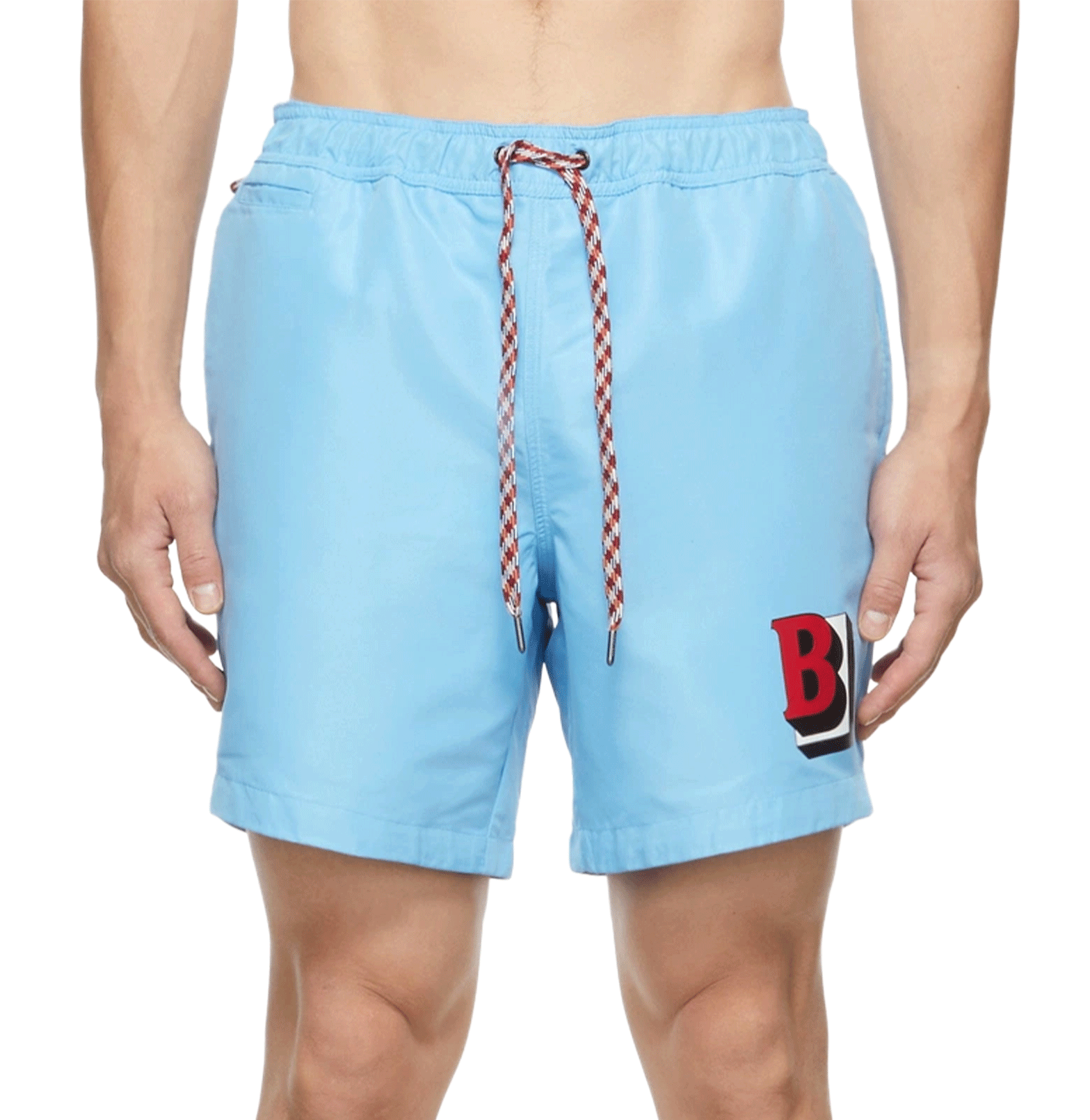 Burberry Light Blue Swim Shorts – Varsity “B” Patch, Quick-Dry
מכנסי ים בורברי תכלת – תג לוגו “B” וייבוש מהיר