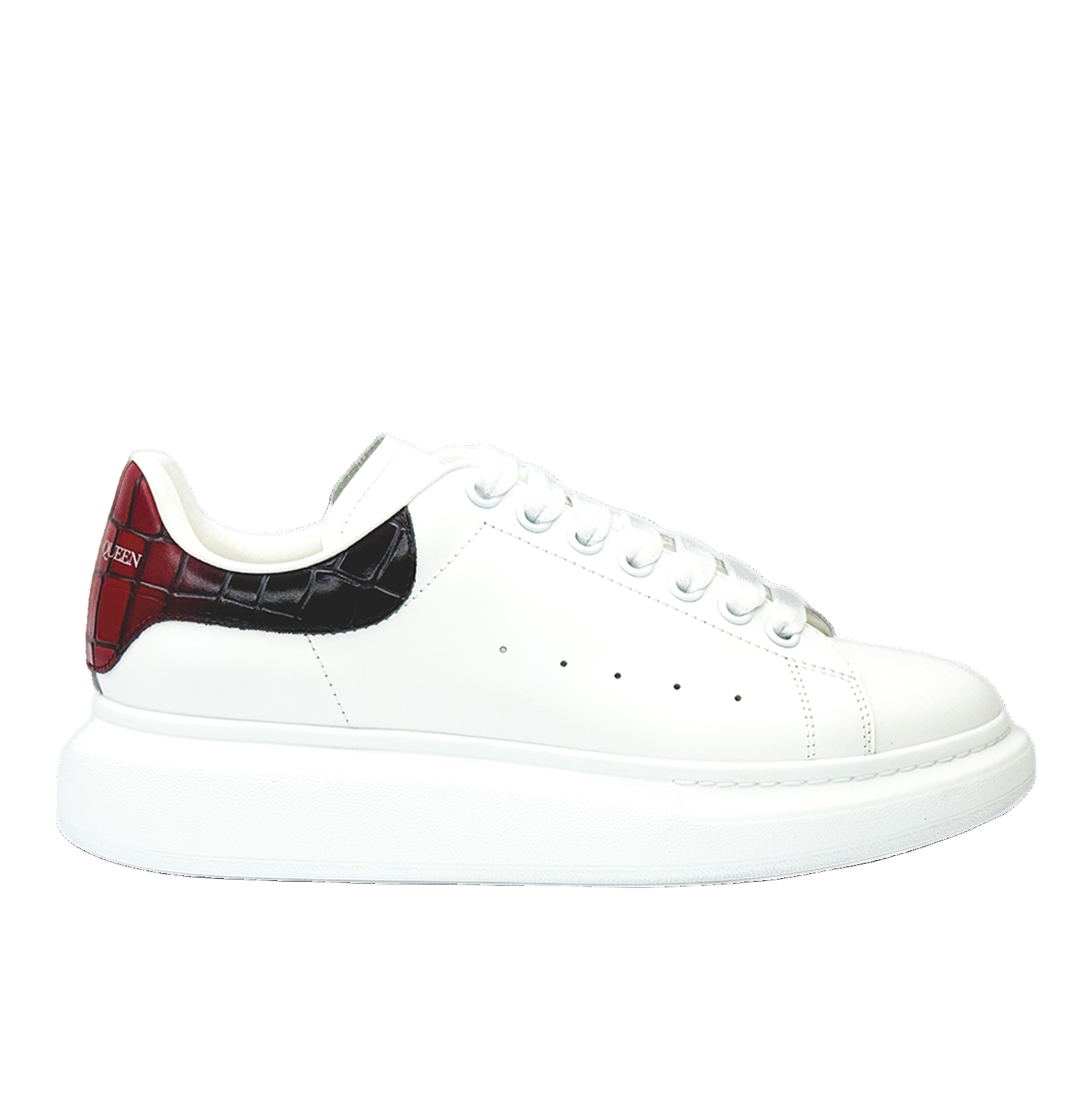 Alexander McQueen Oversized White Leather Sneakers – Burgundy Croc-Embossed Heel (Unisex)
סניקרס עור אלכסנדר מקווין אוברסייז לבן – עקב בורדו בטקסטורת קרוקו (יוניסקס)