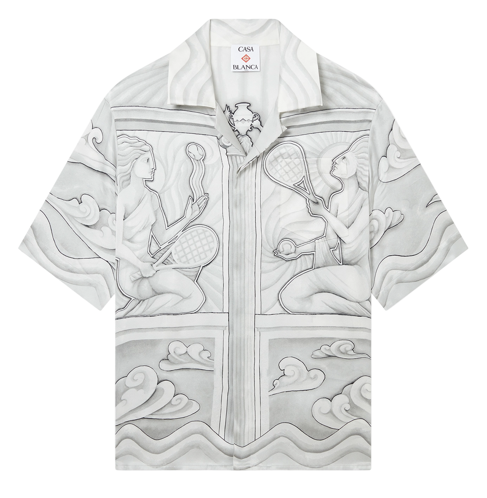 Casablanca Art Deco Tennis Resort Shirt – Monochrome Silk-Satin, Cuban Collar
חולצת ריזורט קסבלנקה טניס אר דקו – מונוכרום, סאטן משי, צווארון קובני