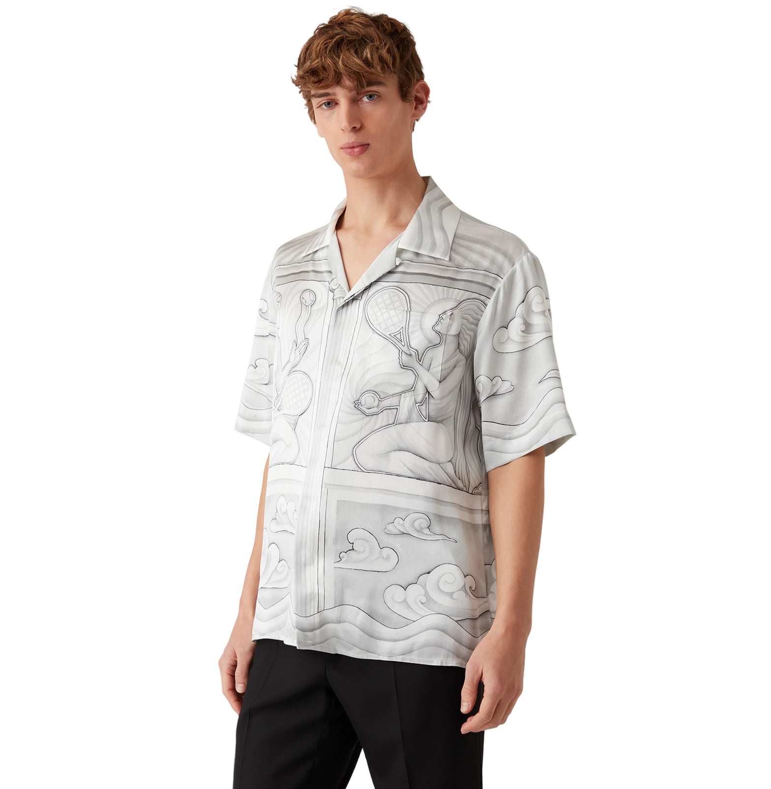 Casablanca Art Deco Tennis Resort Shirt – Monochrome Silk-Satin, Cuban Collar
חולצת ריזורט קסבלנקה טניס אר דקו – מונוכרום, סאטן משי, צווארון קובני