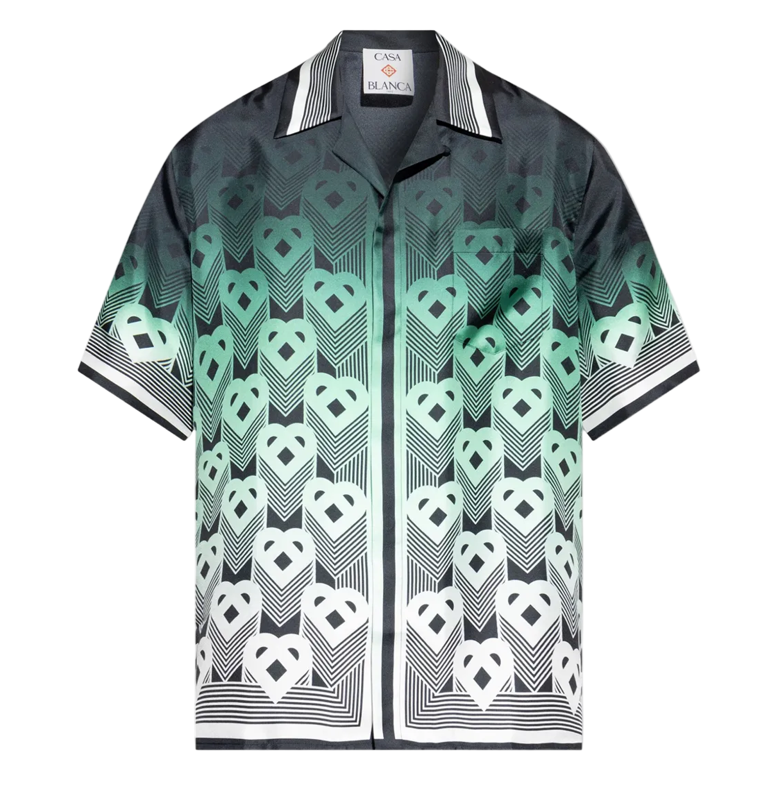 Casablanca Geometric Heart Resort Shirt – Mint Gradient on Black, Silk-Satin, Cuban Collar
חולצת ריזורט קסבלנקה דוגמת לב גאומטרית – גרדיאנט מנטה על שחור, סאטן משי, צווארון קובני