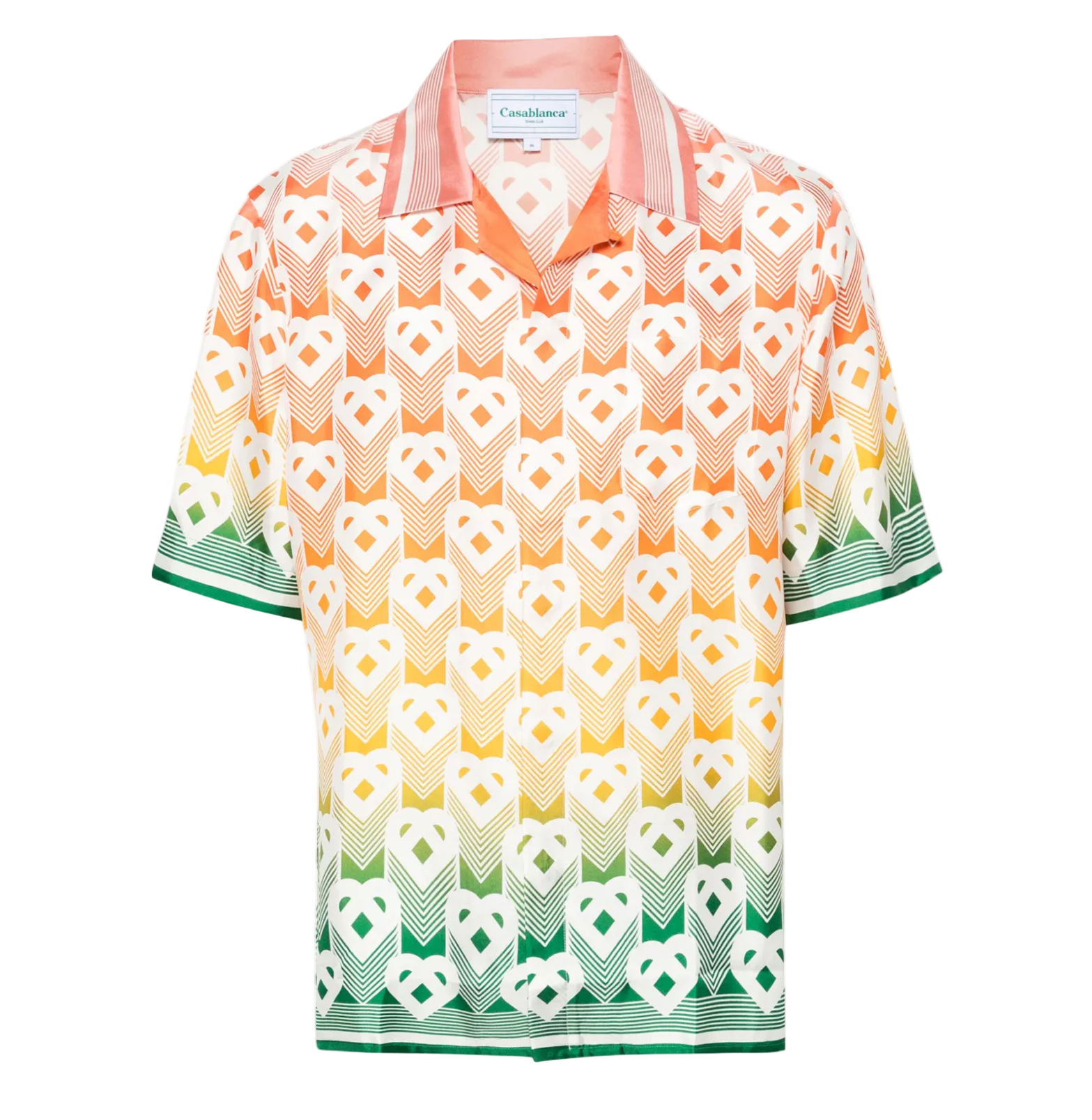 Casablanca Gradient Monogram Resort Shirt – Sunset to Jade, Silk-Satin, Cuban Collar
חולצת ריזורט קסבלנקה מונוגרם גרדיאנט – שקיעה לירקן, סאטן משי, צווארון קובני