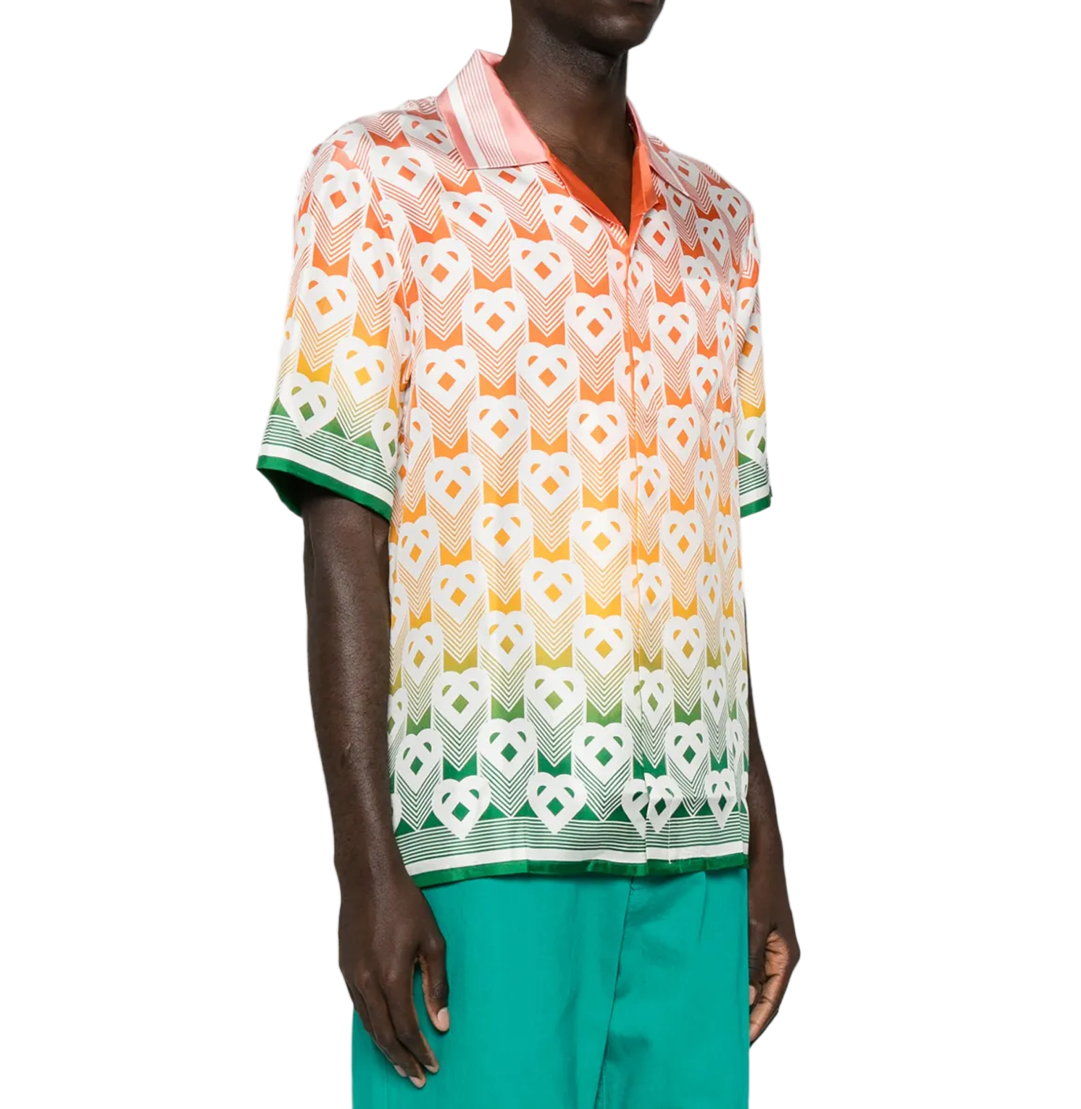 Casablanca Gradient Monogram Resort Shirt – Sunset to Jade, Silk-Satin, Cuban Collar
חולצת ריזורט קסבלנקה מונוגרם גרדיאנט – שקיעה לירקן, סאטן משי, צווארון קובני