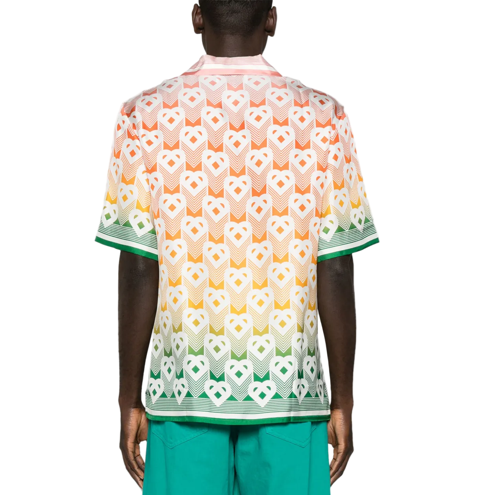 Casablanca Gradient Monogram Resort Shirt – Sunset to Jade, Silk-Satin, Cuban Collar
חולצת ריזורט קסבלנקה מונוגרם גרדיאנט – שקיעה לירקן, סאטן משי, צווארון קובני