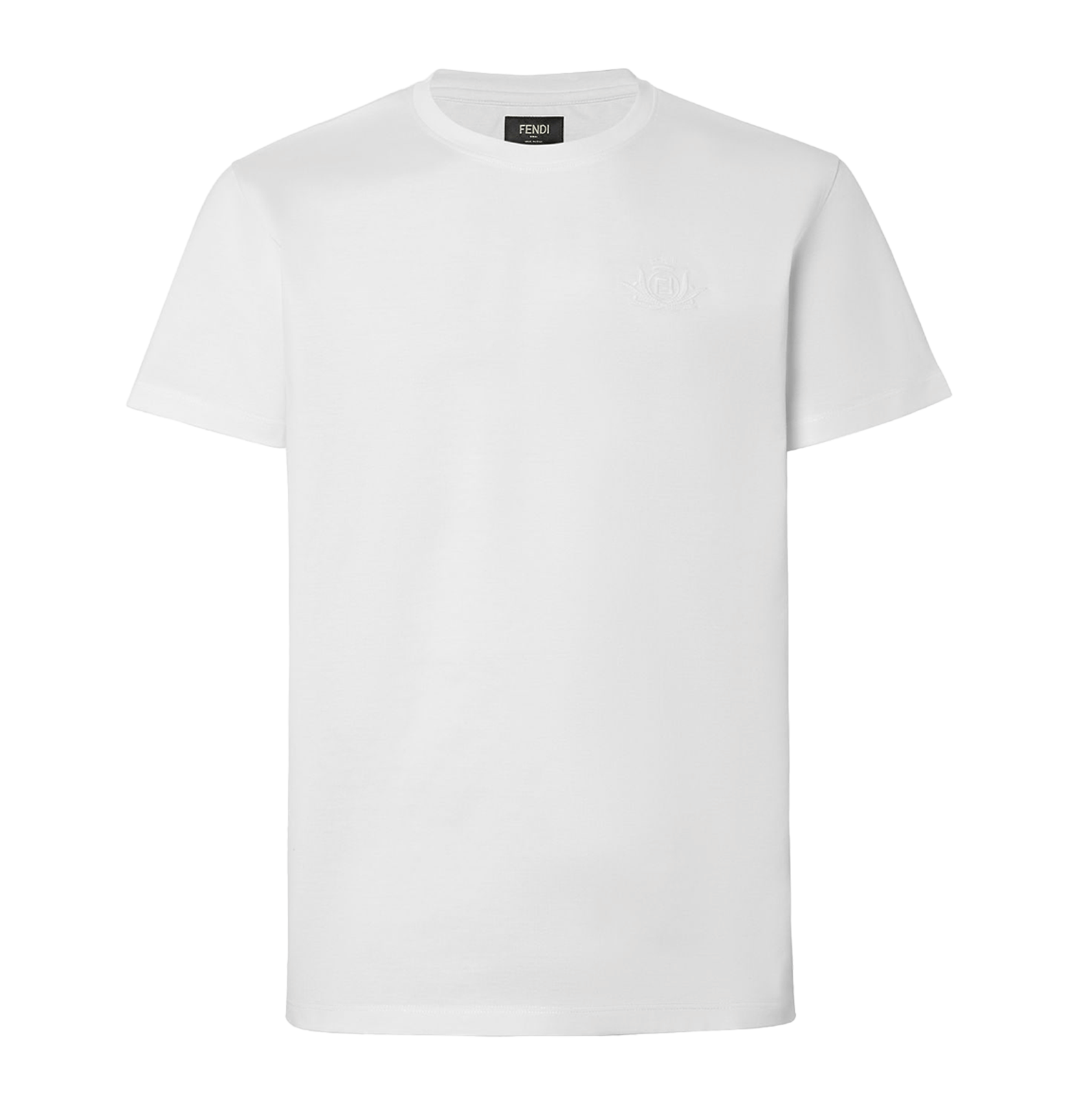 Fendi White Tonal Crest Embroidered T-Shirt – Cotton Jersey
חולצת טי פנדי לבנה – סמלון רקום טון-על-טון, כותנה ג׳רסי