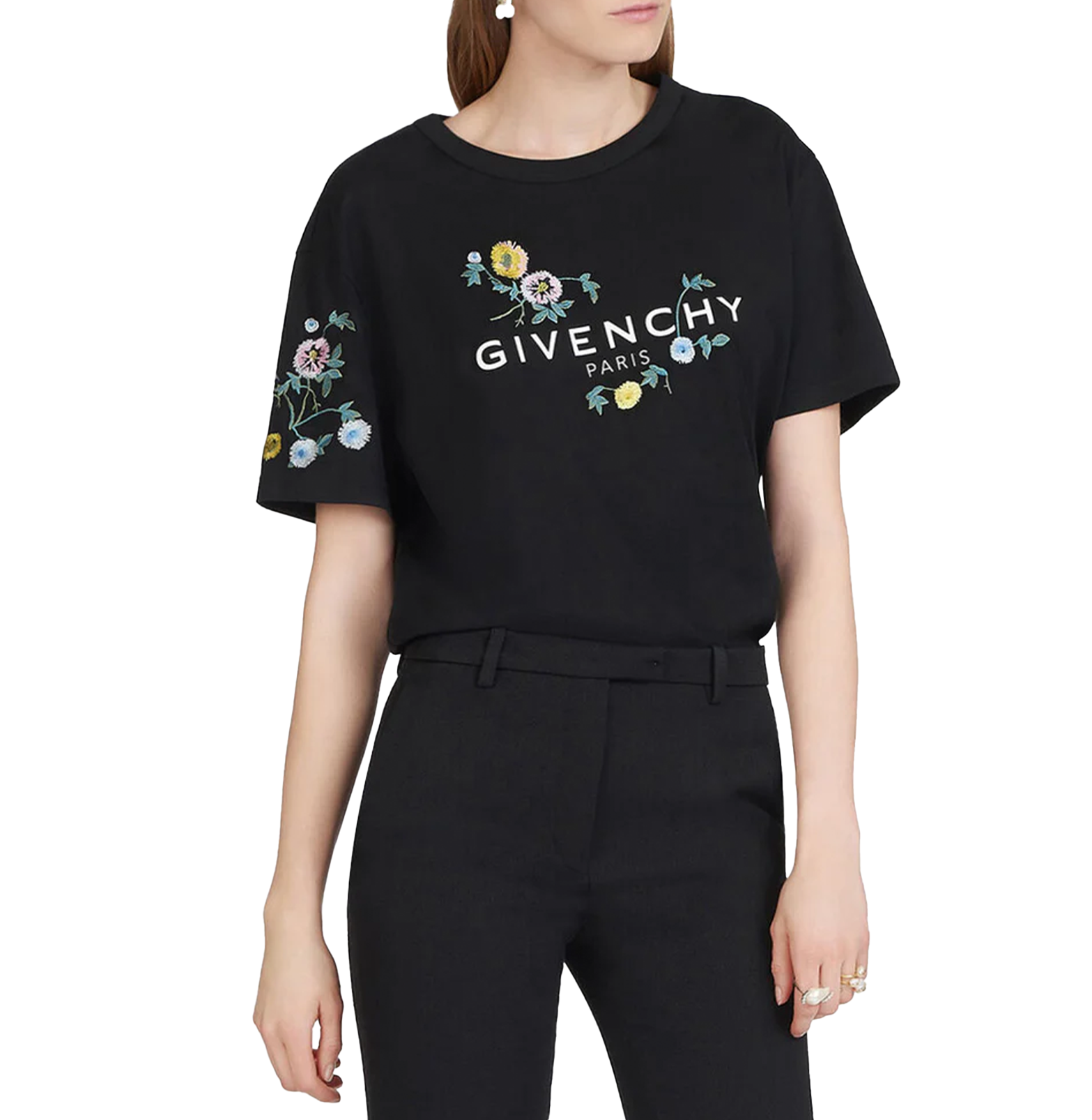 Givenchy Black Floral Logo T-Shirt – Embroidered Flowers, Cotton Jersey
חולצת טי ז׳יבנשי שחורה – לוגו עם רקמת פרחים, כותנה ג׳רסי