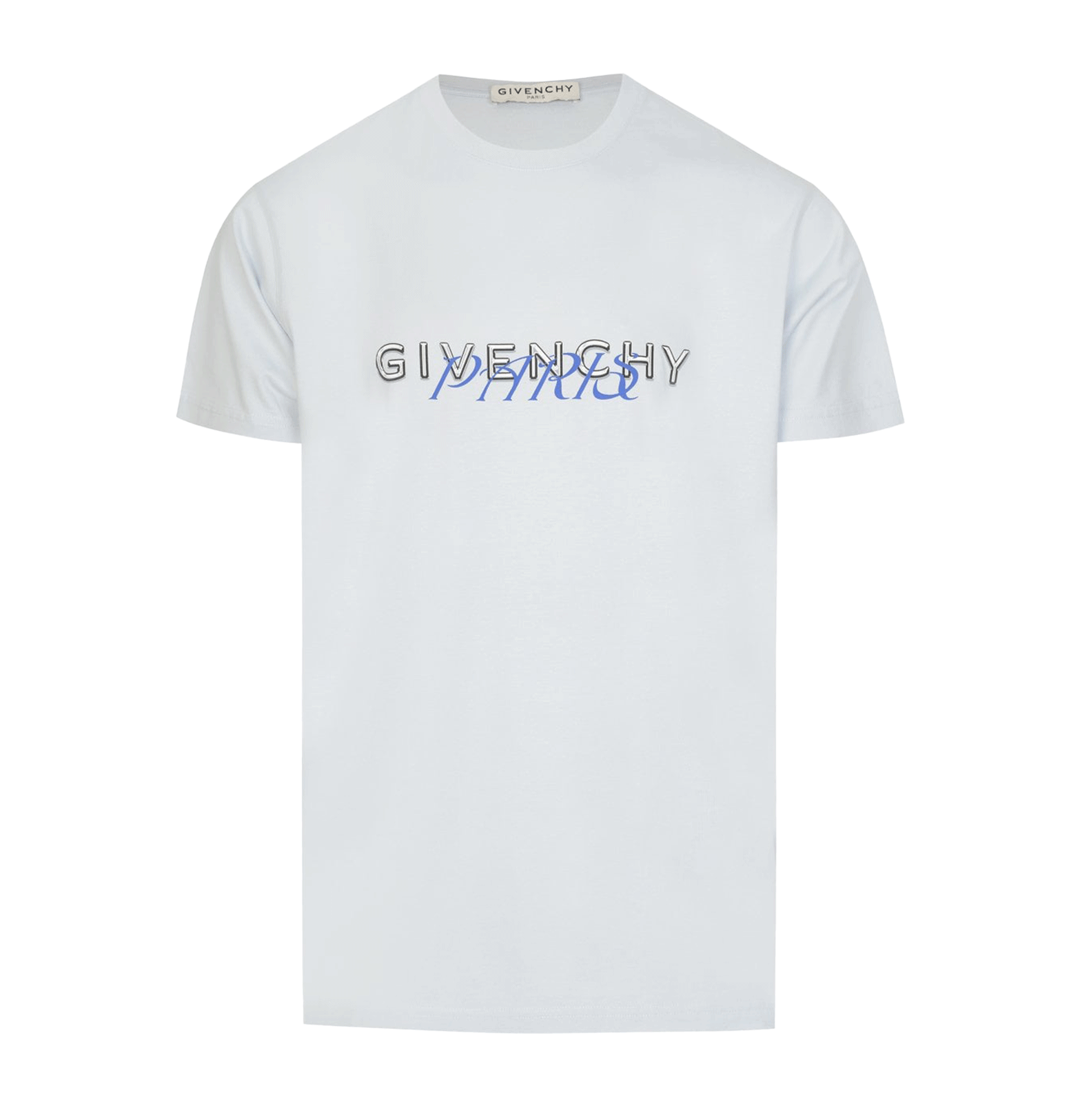 Givenchy White Logo T-Shirt – Blue “Paris” Script, Cotton Jersey
חולצת טי ז׳יבנשי לבנה – כתובת „פריז” בכחול, כותנה ג׳רסי