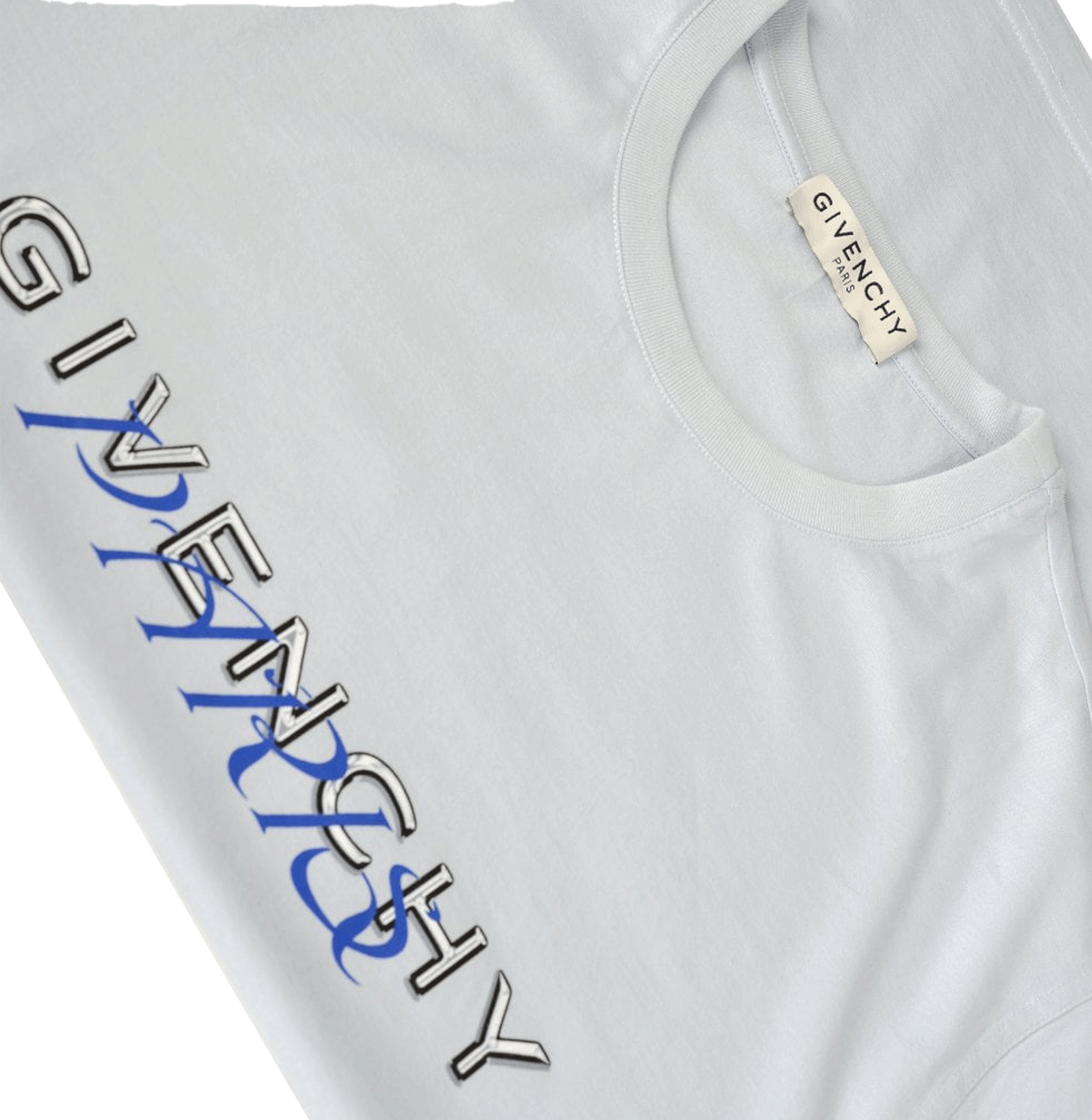 Givenchy White Logo T-Shirt – Blue “Paris” Script, Cotton Jersey
חולצת טי ז׳יבנשי לבנה – כתובת „פריז” בכחול, כותנה ג׳רסי