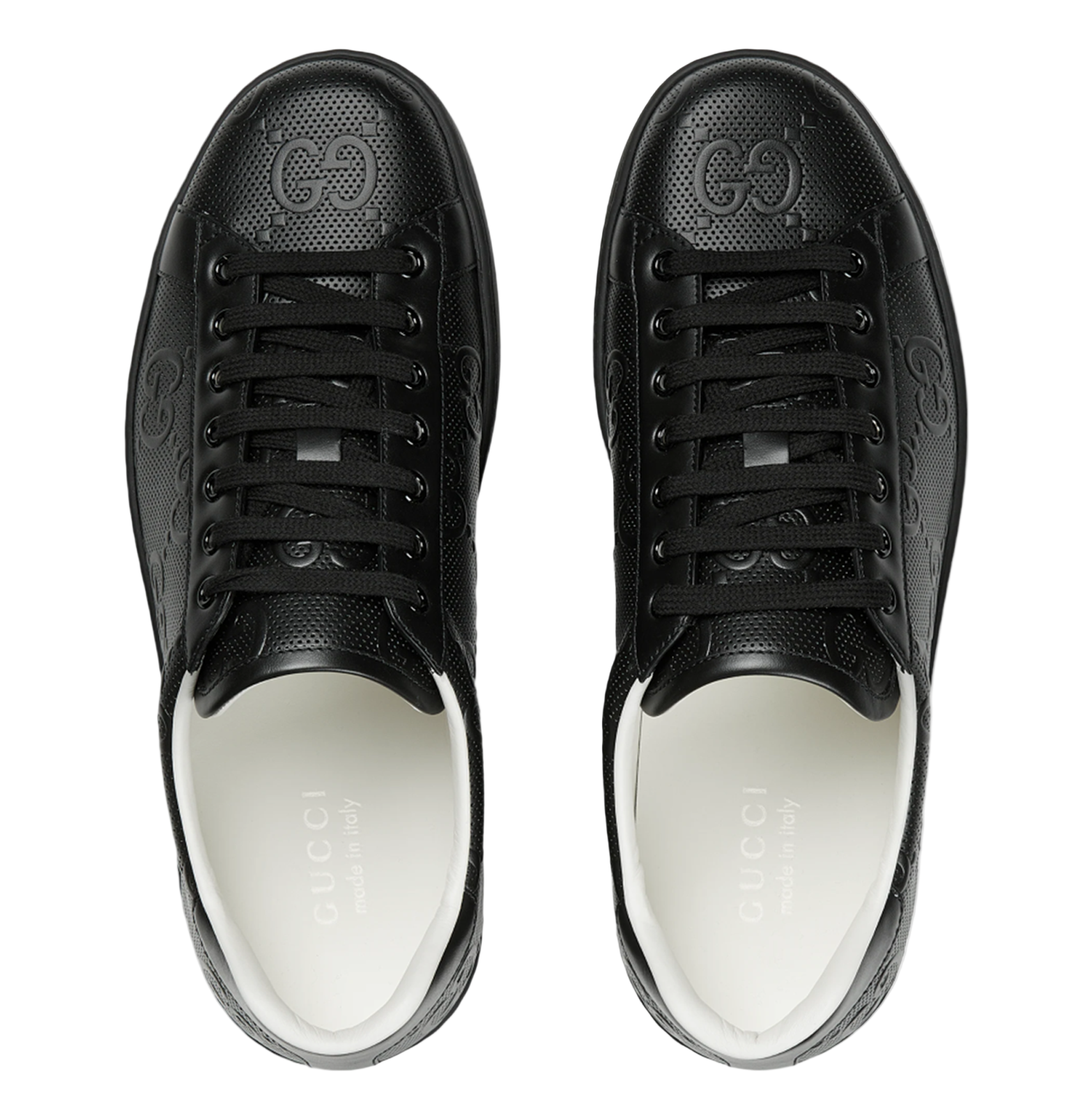Gucci Ace Black GG-Embossed Leather Sneakers – Monogram Perforated, Rubber Sole (Unisex)
סניקרס גוצ׳י אייס שחורים – עור מובלט GG, מראה חד־צבעי (יוניסקס)
