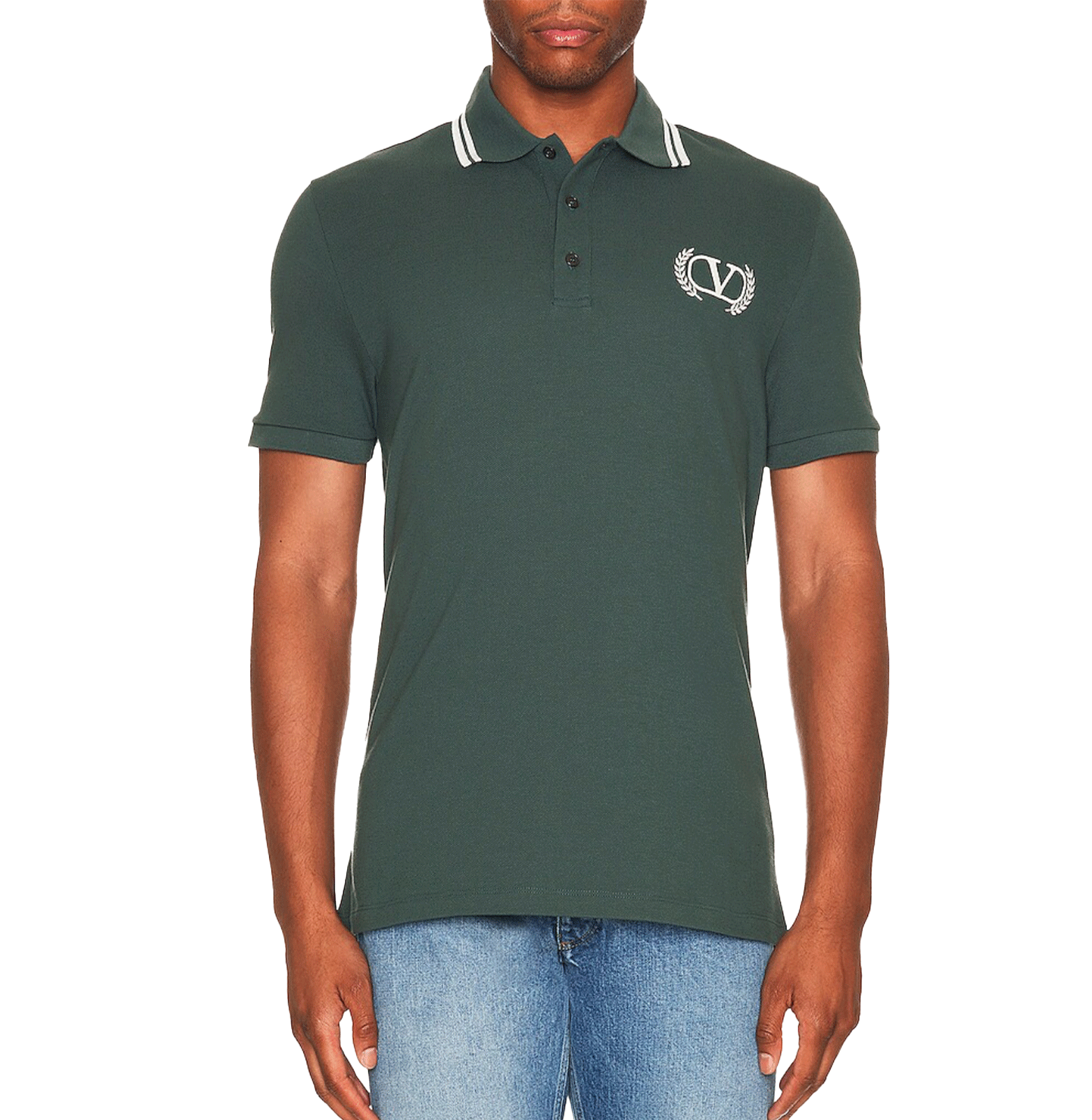 Valentino VLogo Laurel Polo Shirt – Dark Green, Cotton Piqué
חולצת פולו ולנטינו ירוק כהה – לוגו V עם זרי דפנה, כותנה פיקה
